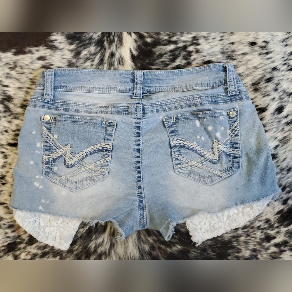 Wallflower Light Blue Jean Shorts with White Lace Trim - Picture 2 of 4